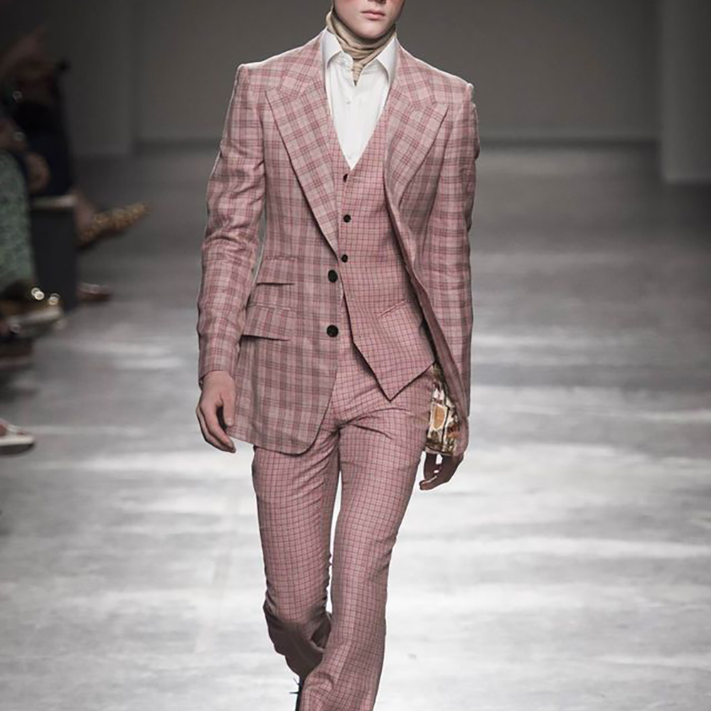 Men Formal Wear Pink - Pink Checkered Men's Suits 3 Piece